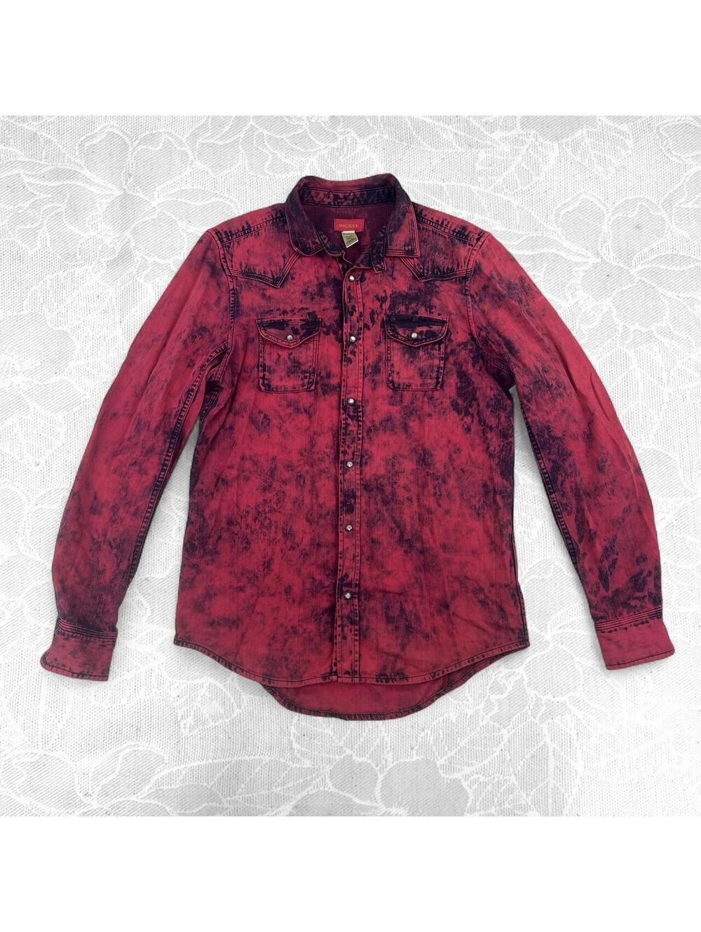 Diesel Vintage Red and Black Acid Wash Western Long Sleeve Button-Up - Large